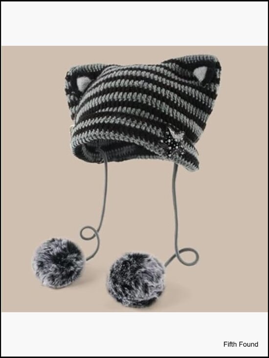 Kawaii Cat Ear Beanie with Star Pom Poms Y2K Cute Knit Slouchy Hat main image 6